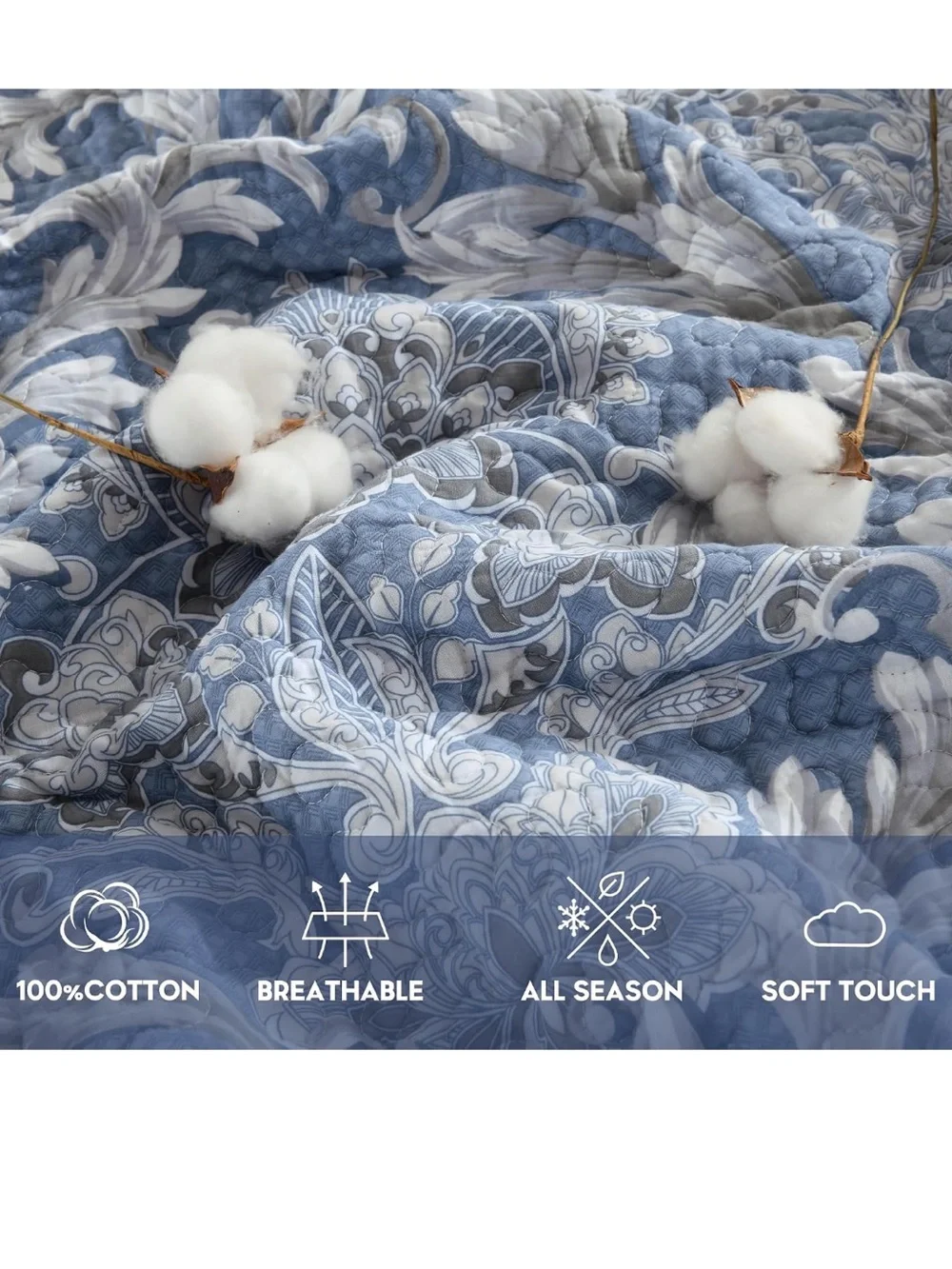100% Cotton Blue Floral King Quilt Set Luxury Damask 106x98 3 Pcs Reversible